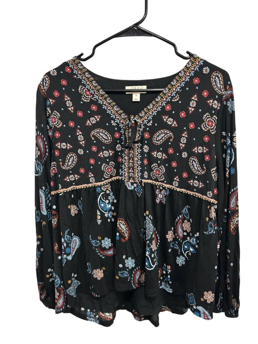 Style & Co Paisley Floral Long Sleeve Blouse Black Sz Large Petite Witchy Boho